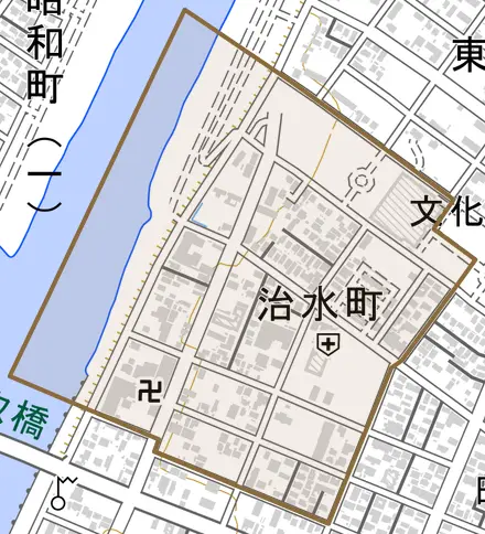 治水町とその周辺の地図。町の範囲を重ねている