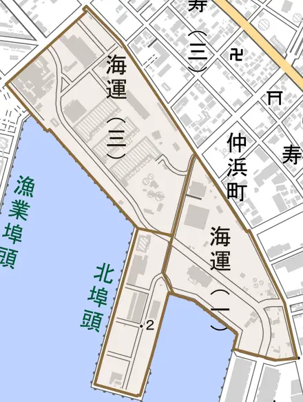 海運とその周辺の地図。町の範囲を重ねている