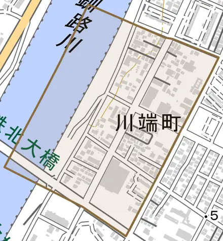 川端町とその周辺の地図。町の範囲を重ねている