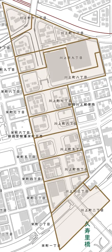 川上町とその周辺の地図。町の範囲を重ねている