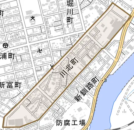 川北町とその周辺の地図。町の範囲を重ねている