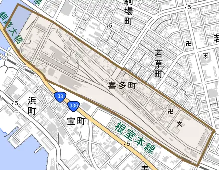 喜多町とその周辺の地図。町の範囲を重ねている