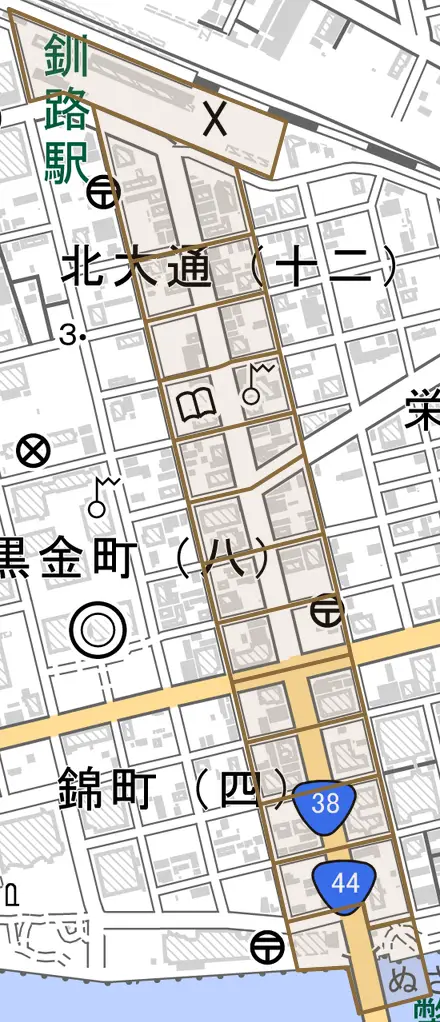 北大通とその周辺の地図。町の範囲を重ねている