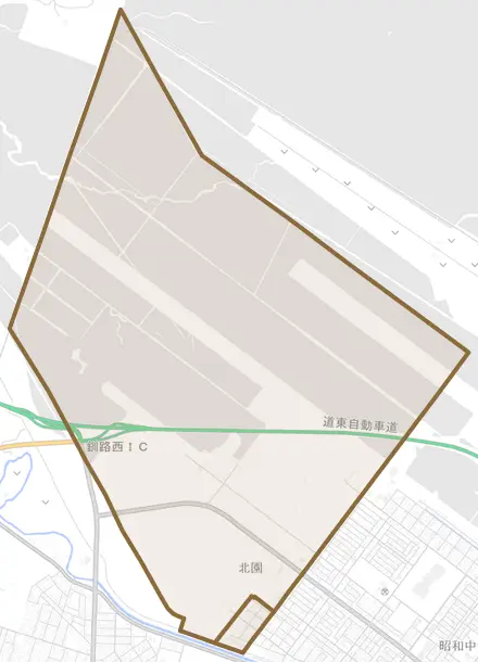 北園とその周辺の地図。町の範囲を重ねている