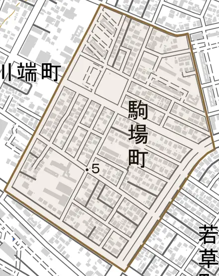 駒場町とその周辺の地図。町の範囲を重ねている