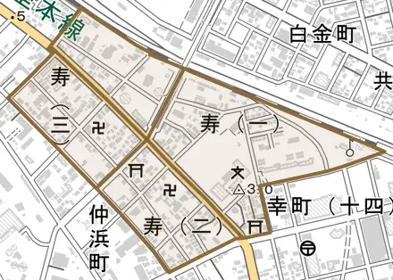 寿とその周辺の地図。町の範囲を重ねている