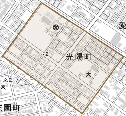 光陽町とその周辺の地図。町の範囲を重ねている