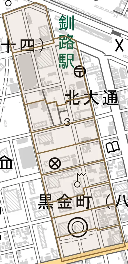 黒金町とその周辺の地図。町の範囲を重ねている