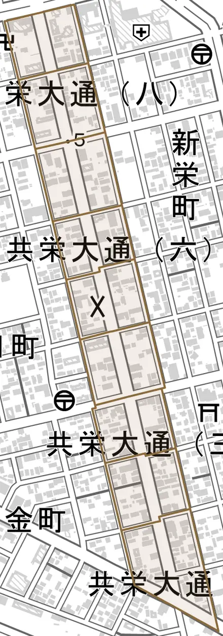共栄大通とその周辺の地図。町の範囲を重ねている