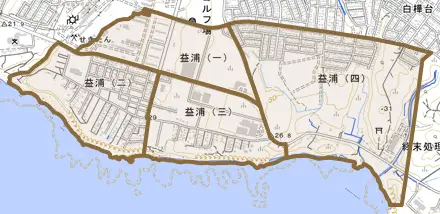 益浦とその周辺の地図。町の範囲を重ねている
