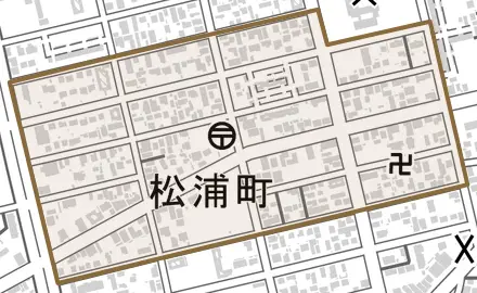 松浦町とその周辺の地図。町の範囲を重ねている