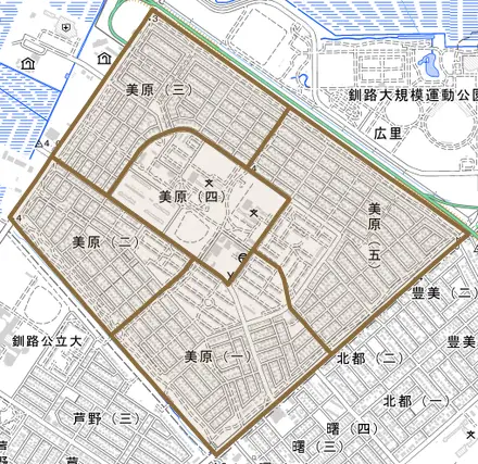 美原とその周辺の地図。町の範囲を重ねている
