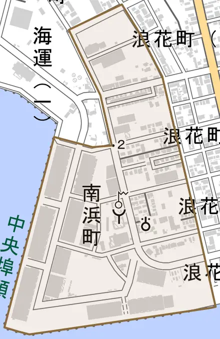 南浜町とその周辺の地図。町の範囲を重ねている