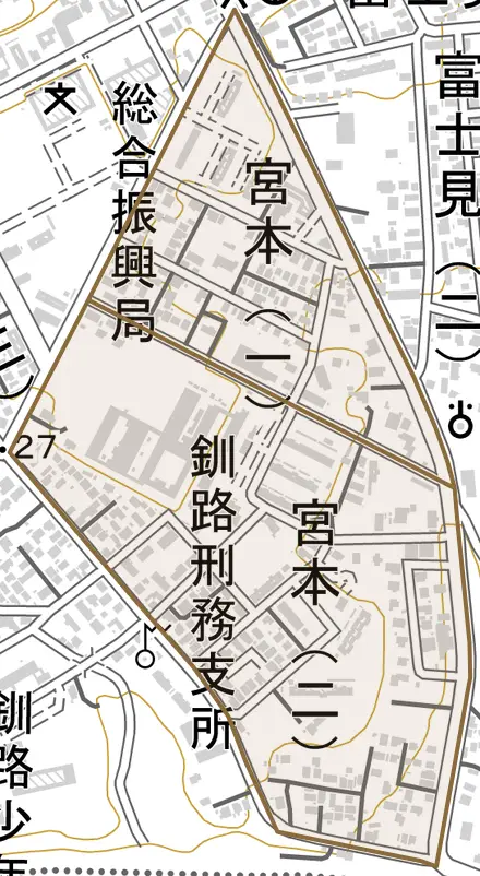 宮本とその周辺の地図。町の範囲を重ねている