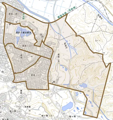 武佐とその周辺の地図。町の範囲を重ねている