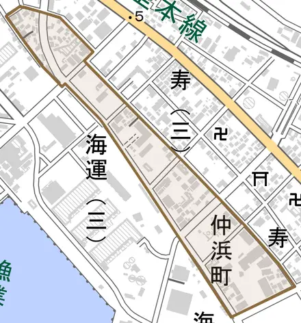 仲浜町とその周辺の地図。町の範囲を重ねている