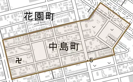 中島町とその周辺の地図。町の範囲を重ねている