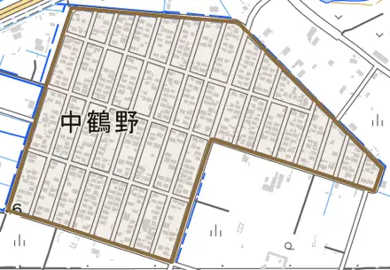 中鶴野とその周辺の地図。町の範囲を重ねている
