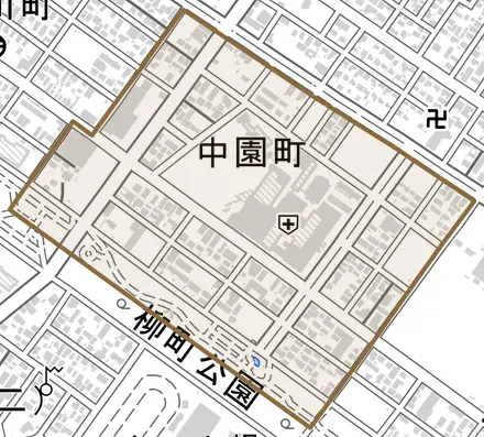 中園町とその周辺の地図。町の範囲を重ねている