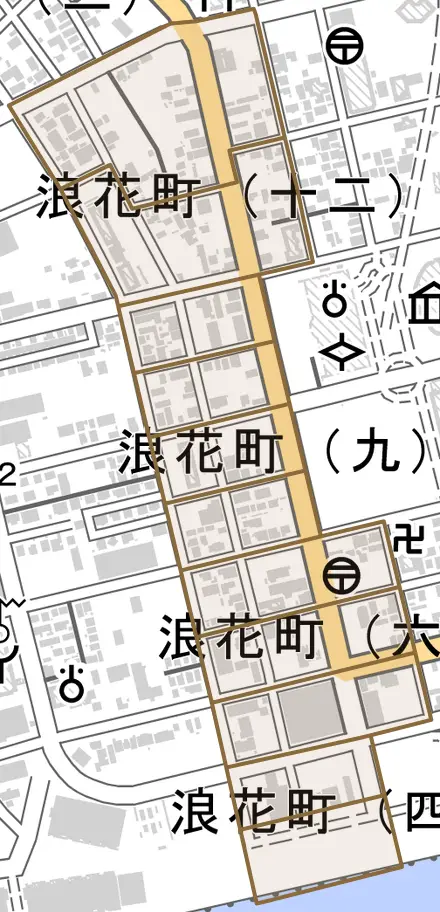 浪花町とその周辺の地図。町の範囲を重ねている