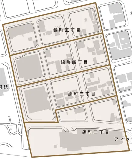 錦町とその周辺の地図。町の範囲を重ねている