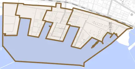 西港とその周辺の地図。町の範囲を重ねている