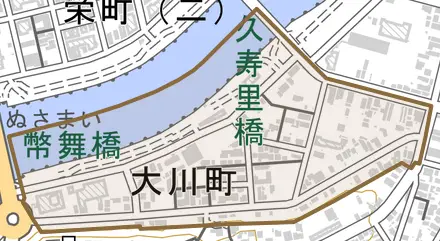 大川町とその周辺の地図。町の範囲を重ねている