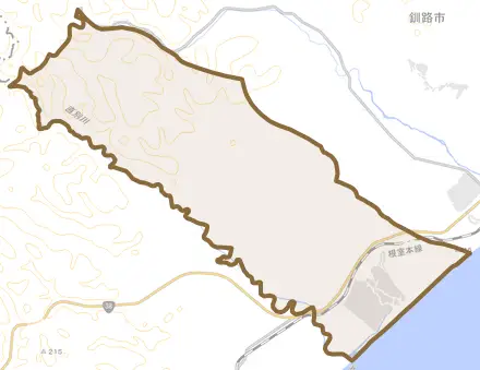 音別町直別とその周辺の地図。町の範囲を重ねている