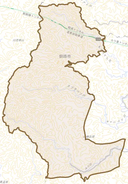 音別町ムリとその周辺の地図。町の範囲を重ねている