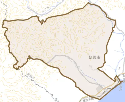 音別町尺別とその周辺の地図。町の範囲を重ねている