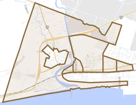 大楽毛とその周辺の地図。町の範囲を重ねている