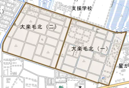 大楽毛北とその周辺の地図。町の範囲を重ねている