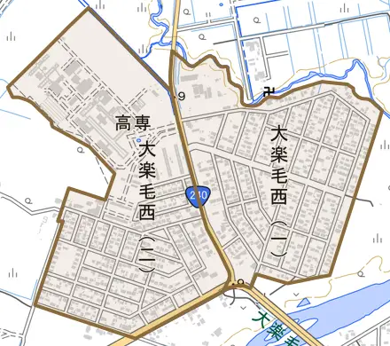 大楽毛西とその周辺の地図。町の範囲を重ねている