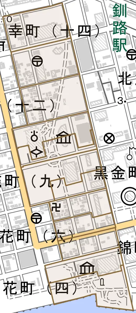 幸町とその周辺の地図。町の範囲を重ねている
