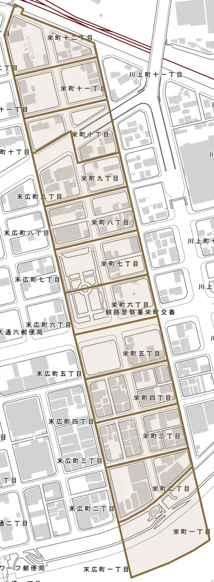 栄町とその周辺の地図。町の範囲を重ねている