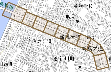 新橋大通とその周辺の地図。町の範囲を重ねている