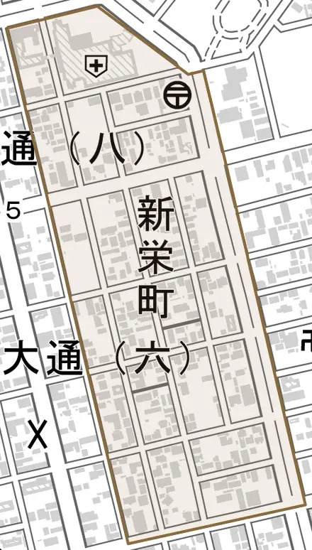 新栄町とその周辺の地図。町の範囲を重ねている
