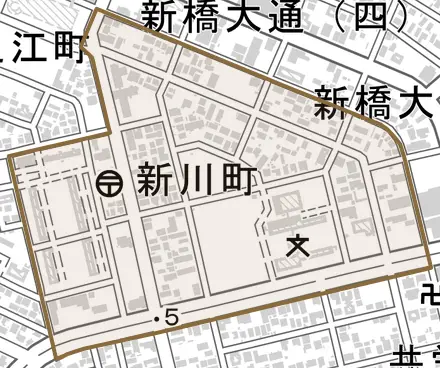 新川町とその周辺の地図。町の範囲を重ねている