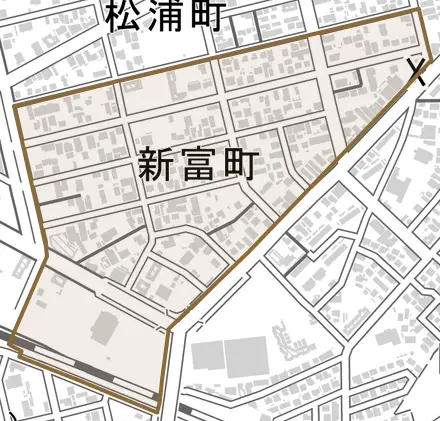 新富町とその周辺の地図。町の範囲を重ねている