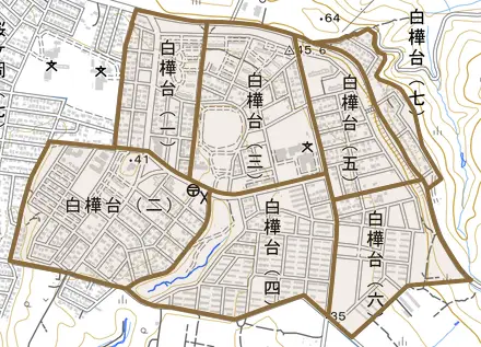 白樺台とその周辺の地図。町の範囲を重ねている