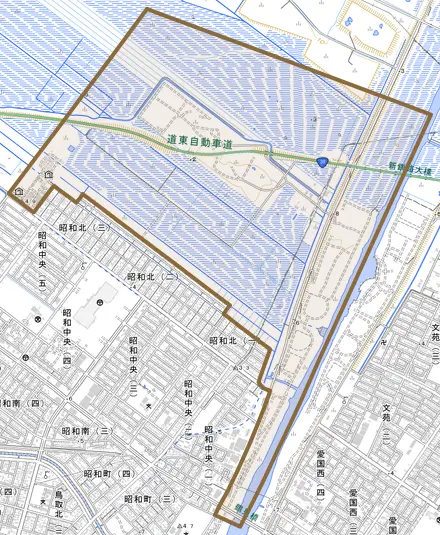 昭和とその周辺の地図。町の範囲を重ねている