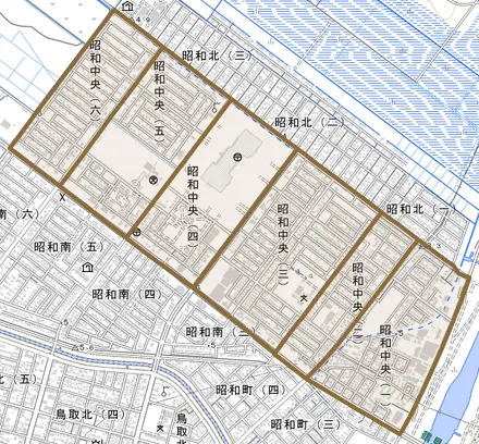 昭和中央とその周辺の地図。町の範囲を重ねている