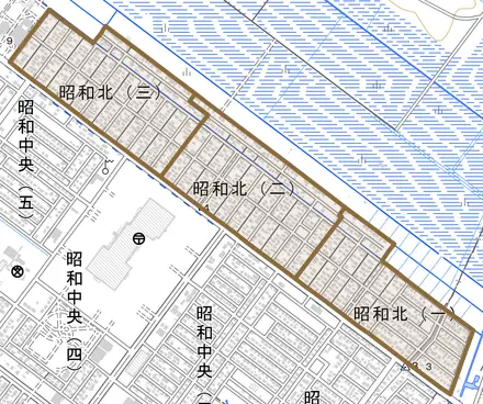 昭和北とその周辺の地図。町の範囲を重ねている