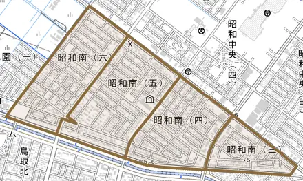 昭和南とその周辺の地図。町の範囲を重ねている