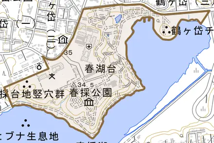 春湖台とその周辺の地図。町の範囲を重ねている
