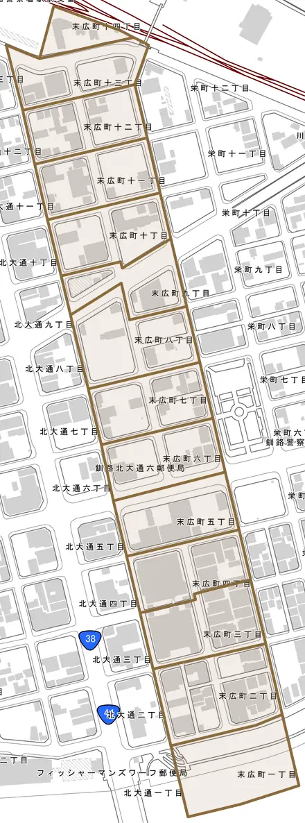 末広町とその周辺の地図。町の範囲を重ねている