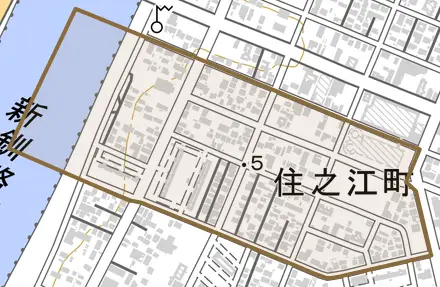 住之江町とその周辺の地図。町の範囲を重ねている