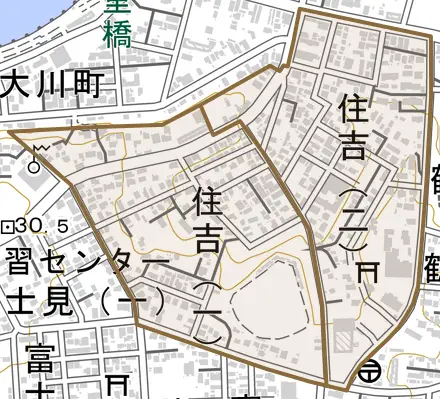 住吉とその周辺の地図。町の範囲を重ねている