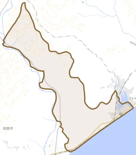 音別町中音別とその周辺の地図。町の範囲を重ねている