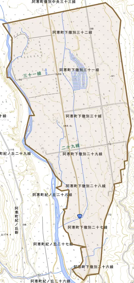 阿寒町下徹別とその周辺の地図。町の範囲を重ねている